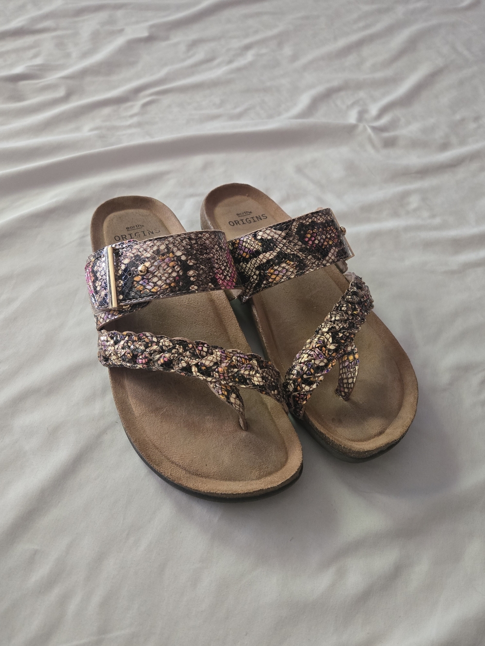 Earth Orgins Women's Braided Snake-Print Sandals in Black, Pink, Gold Sz 9
